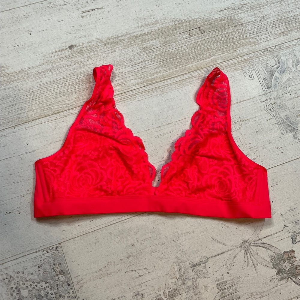 Pink Victoria's Secret Neon Pink Coral Lace Plunge Bralette Size Large